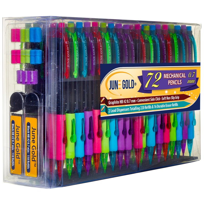 June Gold 72 Mechanical Pencils, 0.7 mm HB #2 Lead, 2 Dispensers/w 220 Graphite Refills & 16 Refill Erasers, Break Resistant Lead, Convenient Side Click & Soft Non-Slip Grip - Image 1
